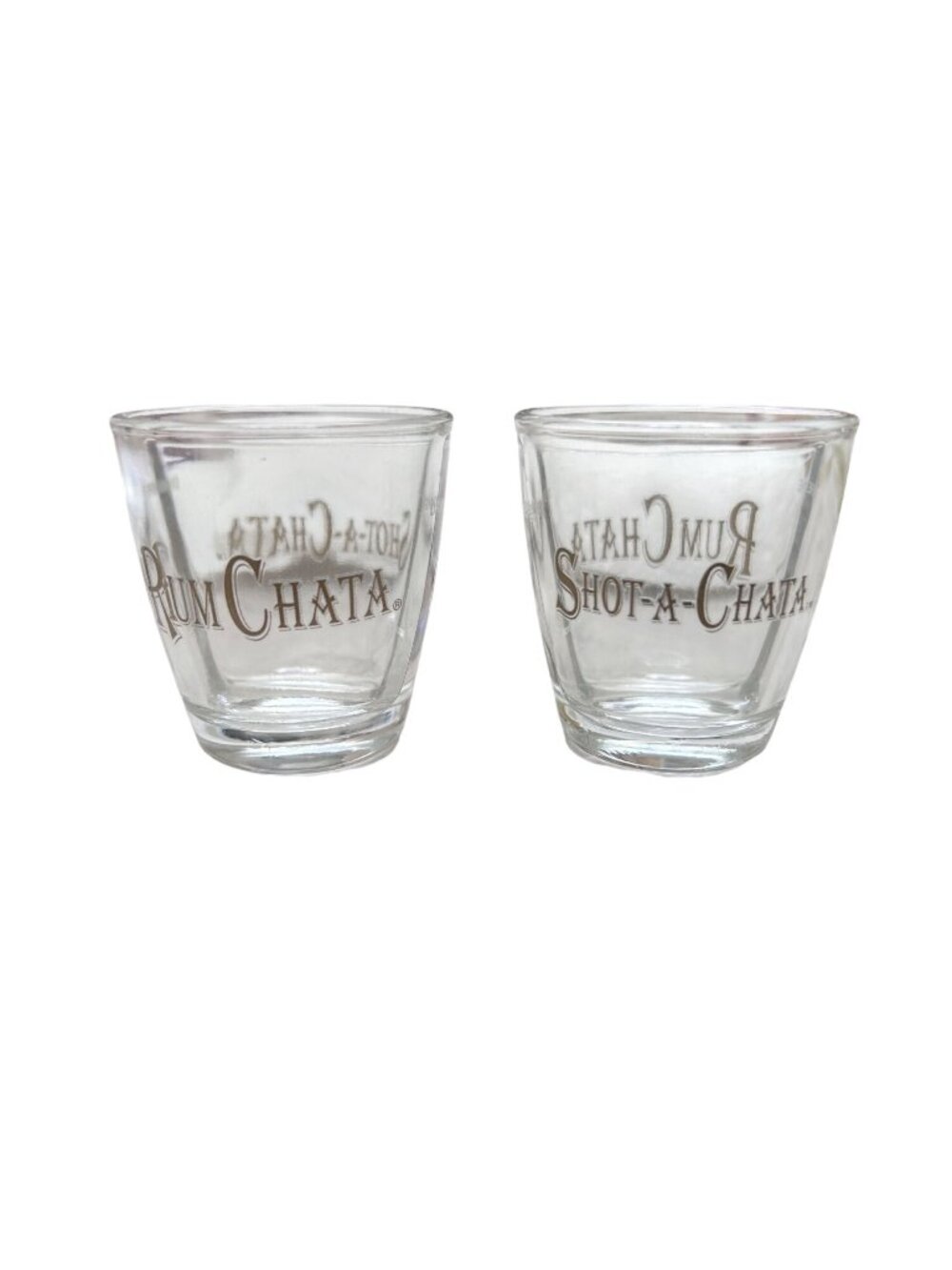 Set Of 2 RumChata Shot Glasses With Gold Print - Shot-A-Chata Novelty Design Cle